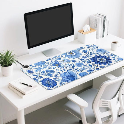 Heated Desk Pad Mouse Pad 31.5x13 Inch PU Leather Desk Mat with 3 Heat Levels Large Mouse Gaming Computer Laptop Mat Flower Blue and White Daisy Leaf