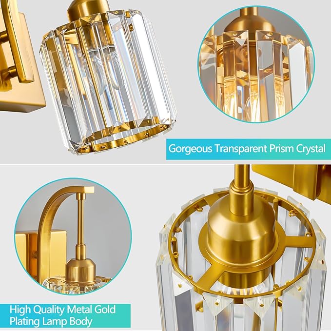 3-Light Crystal Vanity Light, Modern Gold Bathroom Wall Sconce with K9 Crystal Shades, 23.62" Long Over Mirror Lighting for Vanity, Makeup, Hallway, Elegant & Durable