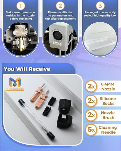 Upgraded 2Pack 0.4MM AD5X Quick-Detachable Nozzle for Flashforge AD5X Hotend Kit, Support 300°C High Temperature and 600mm/s Print Speed, with Silicone Socks/Nozzle Cleaning Kit
