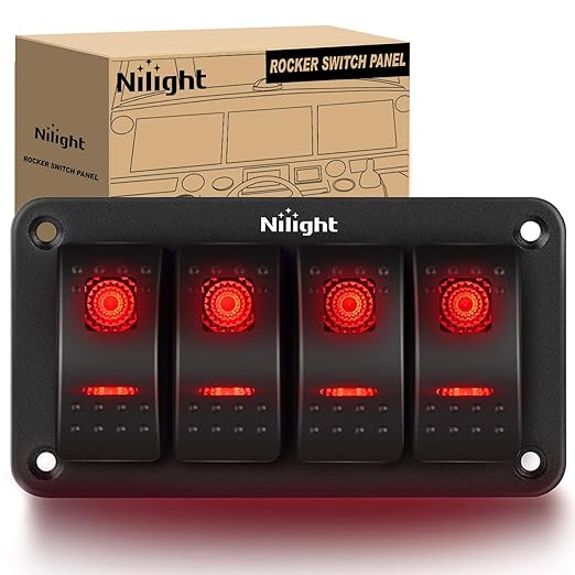Nilight 4 Gang Rocker Switch Panel 5Pin On Off Toggle Aluminum Holder 12V 24V Dash Pre-Wired Red Backlit Switches for Automotive Cars Marine Boats RVs Truck