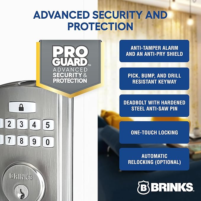 BRINKS Security Door Locks, High-Security Keyless Entry, Smart Electronic Door Lock with Deadbolt, Up to 50 Codes, Automatic Locking (Deadbolt & Passage Lever, Satin Nickel)