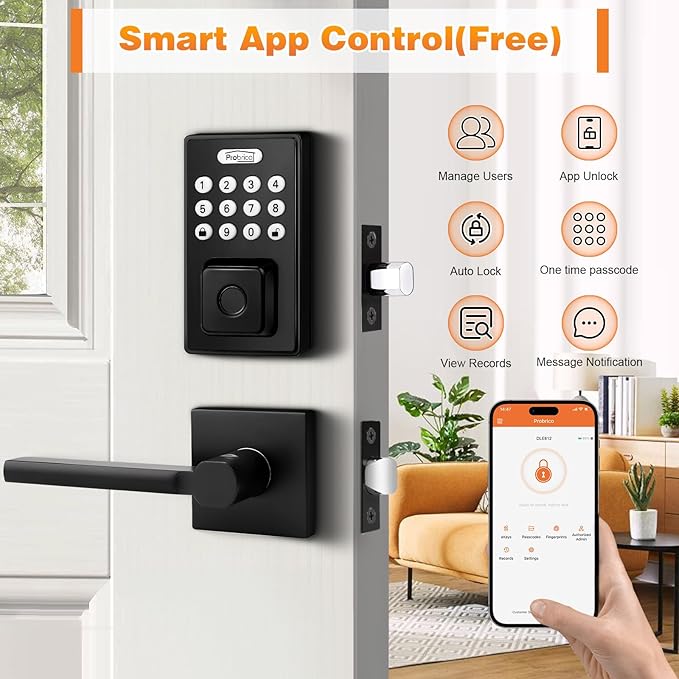 Probrico Smart Door Lock for Front Door Keypad Lock with Handle Lever, Fingerprint Deadbolt Door Lock with Code, Keyless Deadbolt Lock with Handle, Black Smart Deadbolt Lock, APP, Passcode, Auto Lock