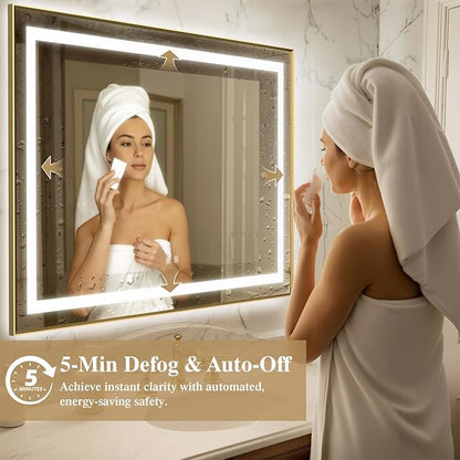 36X36 Inch LED Bathroom Mirror with Lights, Gold Frame Frontlit+ Backlit Bathroom Vanity Mirror for Wall, Ultra-Clear Tempered Glass, Shatter-Proof, Anti-Fog and Memory Function, ETL Listed