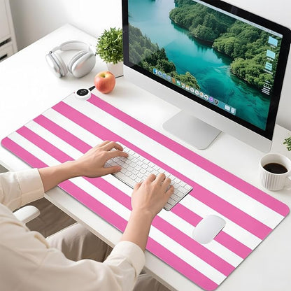 Heated Desk Pad Mouse Pad 31.5x13 Inch PU Leather Desk Mat with 3 Heat Levels Large Mouse Gaming Computer Laptop Mat Hot Pink White Stripes