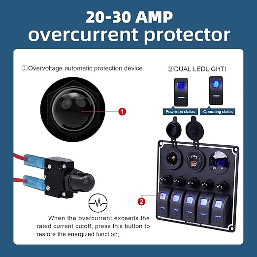 5 Gang Marine Boat Switch Panel with Dual USB Charger & Voltmeter, Waterproof Aluminum Rocker Switch Panel for Marine Automotive Truck RV Trailer with Lighter Socket Press Protector, 12/24V Black