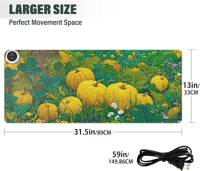 Heated Desk Pad Mouse Pad 31.5x13 Inch PU Leather Desk Mat with 3 Heat Levels Large Mouse Gaming Computer Laptop Mat Yellow Pumpkin Flower Tree