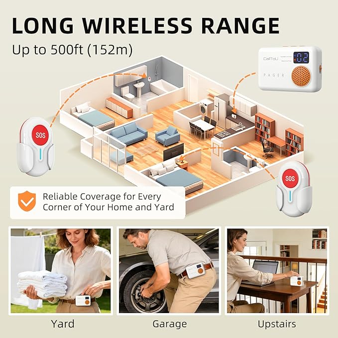 CallToU Caregiver Pager Wireless Call Button for Elderly at Home, Portable Nurse Alert System with Vibration/for Patients and Disabled, 500ft Ranger (2 Call Buttons + 1 Receivers)