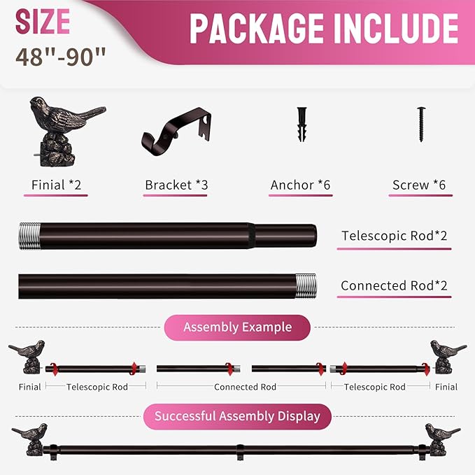 Curtain Rods for Window 48 to 90 Inches Vintage Bronze Curtain Rod with Bird Finials Adjustable Drapery Rod Heavy Duty Curtains Rods for Living Room Kitchen Window