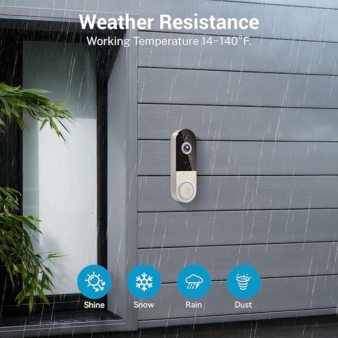 Wireless Doorbell Camera with Rechargeable Battery, 1080P Resolution, 2-Way Audio, Night Vision, AI Human Detection, Cloud Storage, 2.4G WiFi