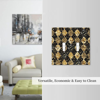 Gold Black Marble Geometric Plaid Glitter Decorative Switch Plates 2 Gang Double Toggle Outlet Light Switch Cover Wall Plate Electrical Faceplate for Bedroom Bathroom Decor