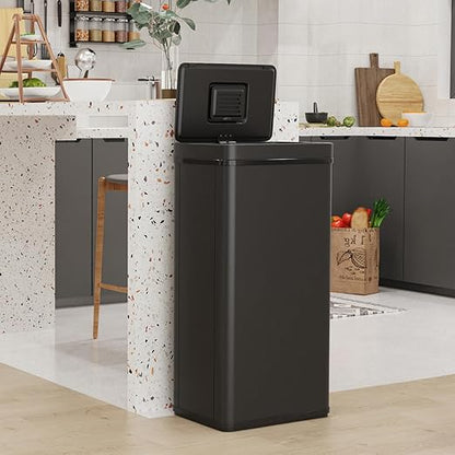 70L / 18.5 Gallon Smart Automatic Trash Can with Deodorizer Compartment, Stainless Steel Body and Mute Sensor Lid for Kitchen Office Living Room and More, Assemble Large Capacity Garbage Can - Black