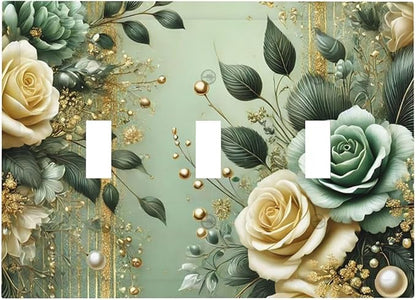 Decorative Light Switch Cover Plate Rustic Green Floral Leaves Teal Flowers Gold Stripe 3 Gang Wall Plate Oversized Triple Toggle Switch Cover Plate Jumbo Faceplate