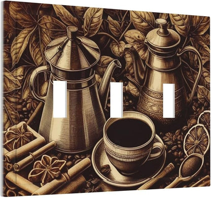 Decorative Light Switch Cover Plate Vintage Coffee Beans Leaf Cup 3 Gang Wall Plate Oversized Triple Toggle Switch Cover Plate Jumbo Faceplate for Kitchen Home Decor
