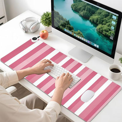 Heated Desk Pad Mouse Pad 31.5x13 Inch PU Leather Desk Mat with 3 Heat Levels Large Mouse Gaming Computer Laptop Mat Pink and White Stripes