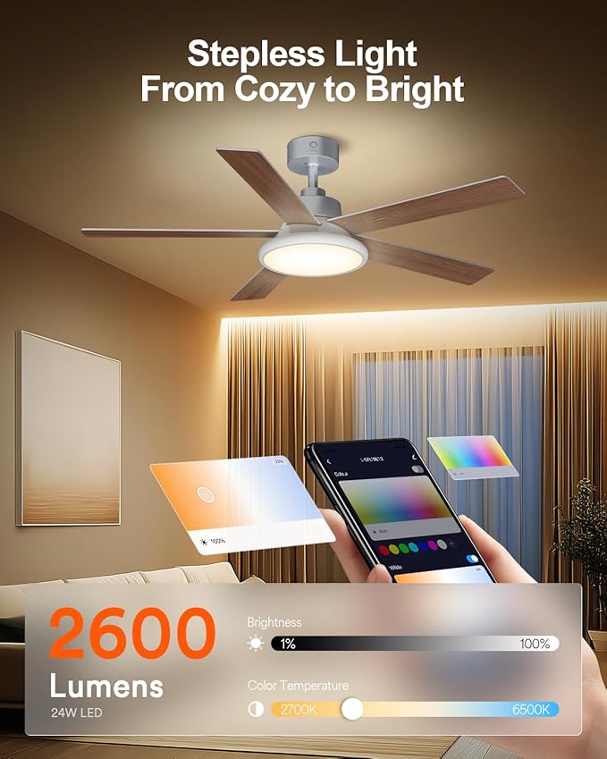 Lumary Smart Ceiling Fan with RGBAI Lights 52'', RGB & Stepless Color Temperature, Work with Alexa/Google/Remote, 46 Scenes, Modern Flush Mount Low Profile Ceiling Fan for Bedroom Kids Room, Silver
