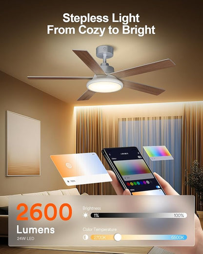 Lumary Smart Ceiling Fan with RGBAI Lights 52'', RGB & Stepless Color Temperature, Work with Alexa/Google/Remote, 46 Scenes, Modern Flush Mount Low Profile Ceiling Fan for Bedroom Kids Room, Silver