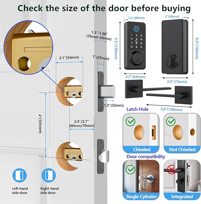 Smart Door Lock Set, Fingerprint Door Lock with Lever Handle, Black Keyless Entry Lock with App, Keypad Deadbolt for Home