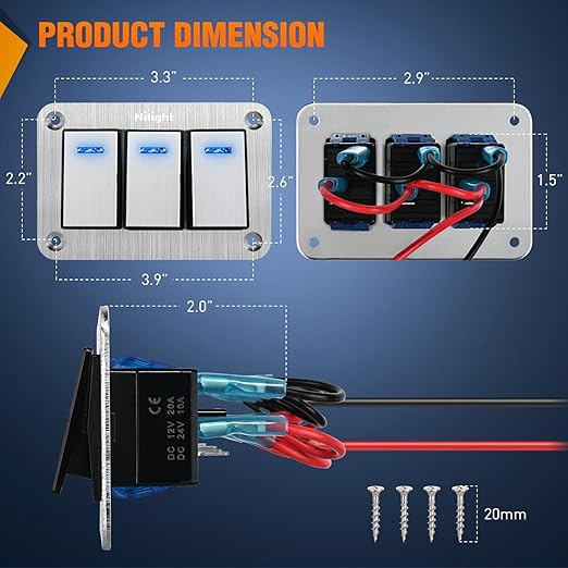 Nilight 3 Gang Rocker Switch Panel 3 Pin On Off Pre-Wired Blue LED Waterproof Aluminum with DIY Stickers for 12V 24V Automotive Cars Marine Boats UTV Truck Jeeps