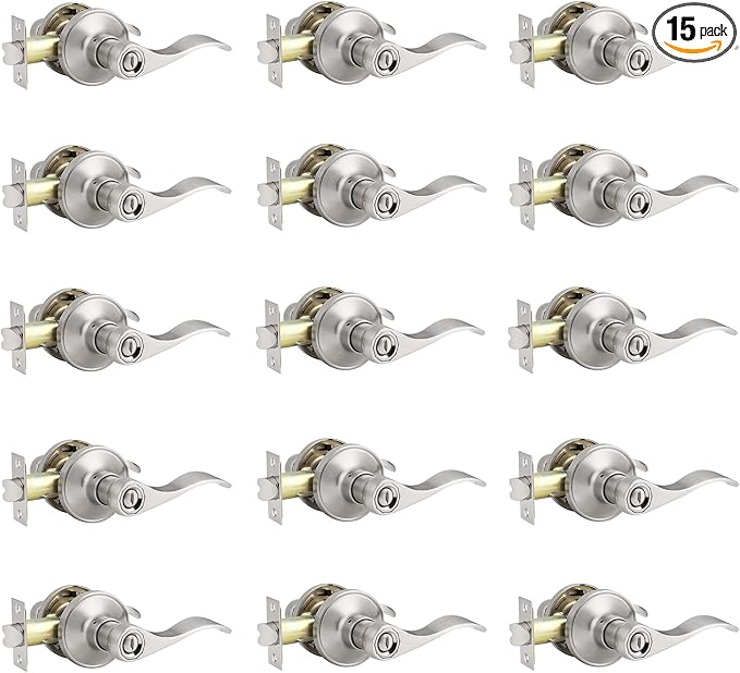 Knobonly 15 Pack Wave Style Door Handle Brushed Nickel Bedroom Bathroom Keyless Door Levers Right or Left Handed