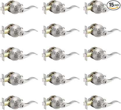 Knobonly 15 Pack Wave Style Door Handle Brushed Nickel Bedroom Bathroom Keyless Door Levers Right or Left Handed