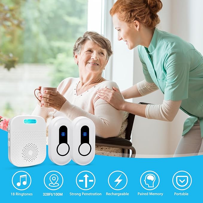 Wireless Caregiver Pager Call Button Nurse Call System Rechargeable & Portable Receiver with 328Ft Range for Elderly/Patient/Disabled at Home/Hospital (1Receiver &1 Emergency Button