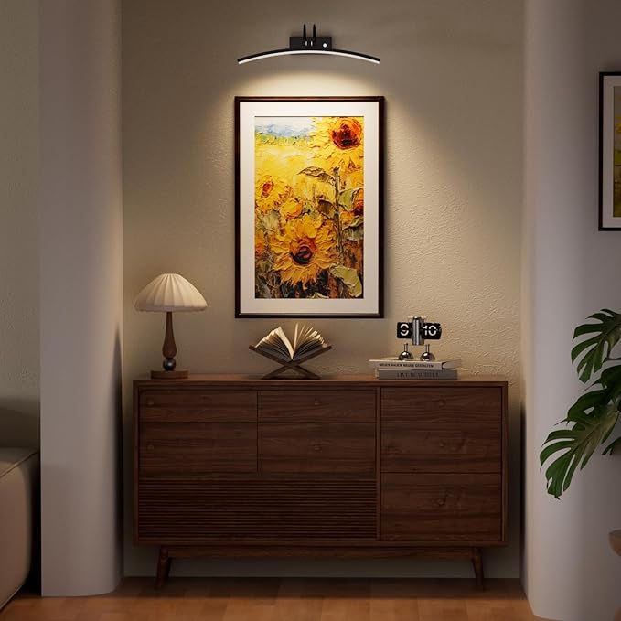 PAIHOME Lights for Pictures on Wall, Rechargeable Picture Light with Smart Motion Sensor, Remote Dimmable & Timer, ‌16in Wireless Black Art Lighting for Paintings Canvas, Gallery, Portraits