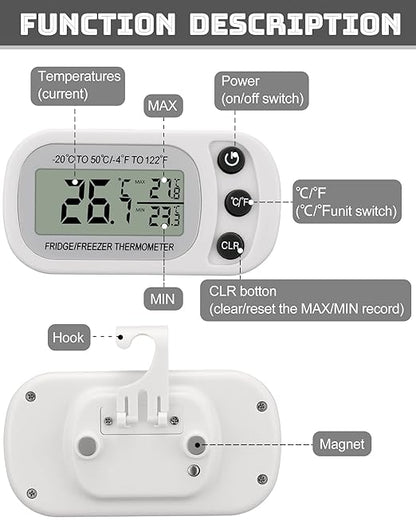 Frienda 12 Pack Black and White Digital Fridge Thermometer Waterproof Refrigerator and Freezer Room Max/min Record Function LCD Screen Refrigerator Thermometer with Hook and Magnetic Back for Home