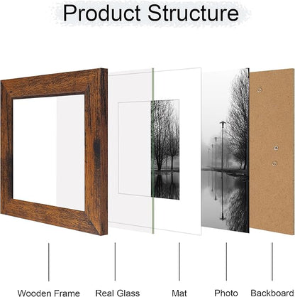 iRahmen 6x6 Picture Frame Set of 4 with Real Glass, Rustic Frames Display 4x4 Picture with Mat or 6 x 6 Without Mat, Square Photo Frame for Wall Mount and Tabletop Display