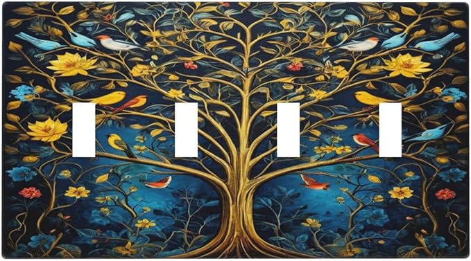 Gold Tree With Birds Flowers on Branches Light Switch Covers Quad Toggle 4 Gang Wall Plate Decorative Switchplate Electrical Faceplate for Farmhouse Bathroom Living Decor