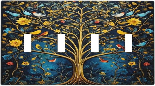 Gold Tree With Birds Flowers on Branches Light Switch Covers Quad Toggle 4 Gang Wall Plate Decorative Switchplate Electrical Faceplate for Farmhouse Bathroom Living Decor