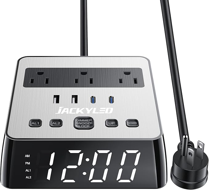 Alarm Clock with USB Charger JACKYLED Power Strip Total 4.8A USB Ports LED Full Screen Surge Protector 6.5ft Cord 4 Dimmer for Heavy Sleepers Compatible with Phone Tablet Computer Black Silver