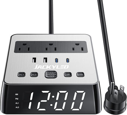 Alarm Clock with USB Charger JACKYLED Power Strip Total 4.8A USB Ports LED Full Screen Surge Protector 6.5ft Cord 4 Dimmer for Heavy Sleepers Compatible with Phone Tablet Computer Black Silver