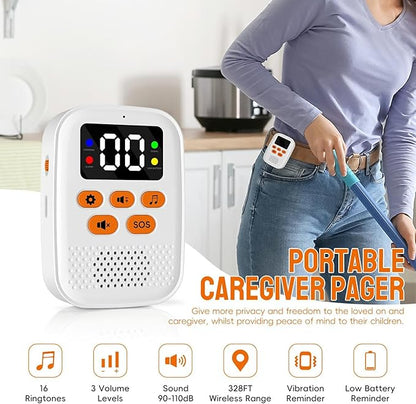 Wireless Caregiver Call Button Alarm, Portable Caregiver Pager for Seniors Patients 1 Bracelet Button & 1 Digital Display Receiver
