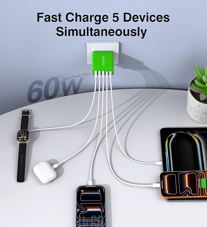 [2-Pack] USB C Wall Charger, 60W Fast USB C Charger Block, 5-Port PD Power Adapter + QC Wall Plug Multiport Type C Charging Block Cube Compatible with iPhone 17 16 15 14 13 12 Pro Max XR XS, Green