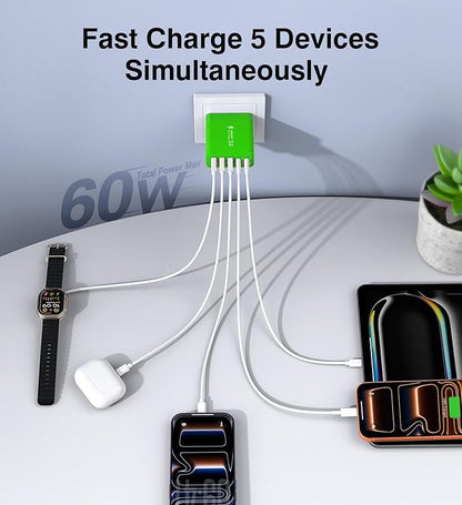 [2-Pack] USB C Wall Charger, 60W Fast USB C Charger Block, 5-Port PD Power Adapter + QC Wall Plug Multiport Type C Charging Block Cube Compatible with iPhone 17 16 15 14 13 12 Pro Max XR XS, Green