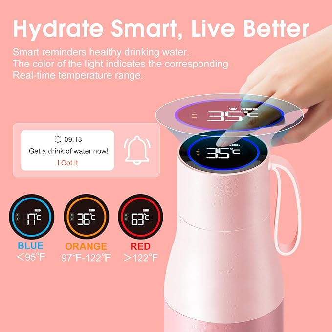VSITOO 15oz Smart Self Cleaning Water Bottle，Insulated Water Bottle with Stainless Steel, BPA-Free, AI Self-Clean, 30-Day Battery, Magnetic Charging for Travel, Gym or Office, Pink
