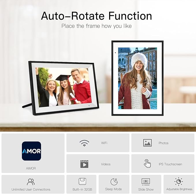 Anna Bella Digital Picture Frame 10.1 Inch IPS HD Touch Screen WiFi Smart Digital Photo Frame with 32GB Storage, Auto-Rotate, Easy Setup to Share Photos or Videos Remotely via AiMOR APP Black