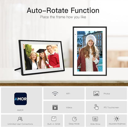 Anna Bella Digital Picture Frame 10.1 Inch IPS HD Touch Screen WiFi Smart Digital Photo Frame with 32GB Storage, Auto-Rotate, Easy Setup to Share Photos or Videos Remotely via AiMOR APP Black