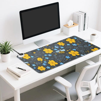 Heated Desk Pad Mouse Pad 31.5x13 Inch PU Leather Desk Mat with 3 Heat Levels Large Mouse Gaming Computer Laptop Mat Blue Floral Fragments and Bees