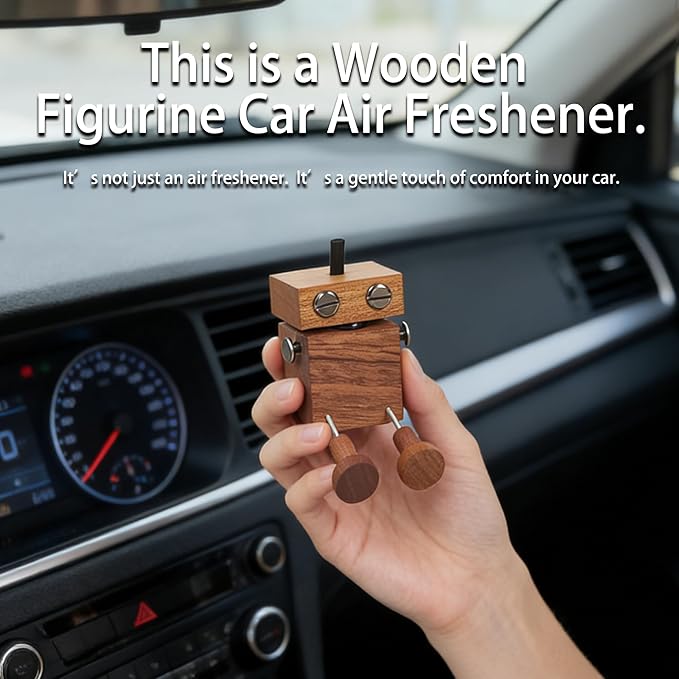 Scented Wooden Man Figurine - Magnetic Aroma Diffuser Doll for Car Vent & Dashboard, with Built-in Essential Oil Storage & Absorbent Stick, Funny Dancing Decor for Car and Desk, Brown