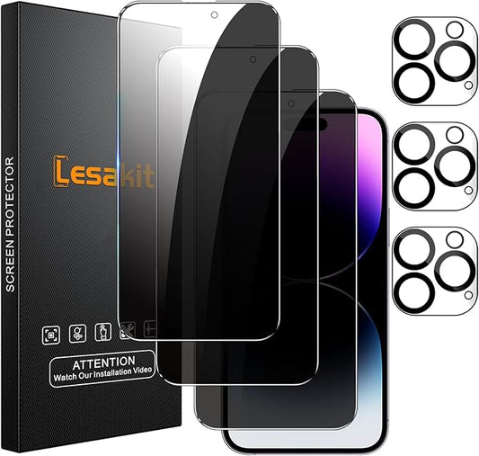 3+3 Pack Privacy Screen Protector for iPhone 14 Pro Max 6.7-Inch with 3 Pack Camera Lens Protector, Anti Spy Tempered Glass Film 9H Hardness Bubble Free Case Friendly