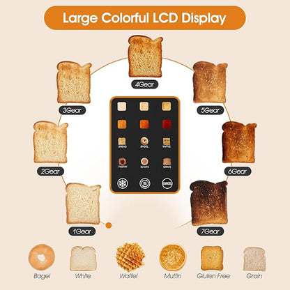 Touch screen Toaster 2 Slice Digital Timer Toasters with 6 Bread Types & 6 Shade Settings, Smart Extra Wide Slots Toaster with Bagel Defrost Reheat Cancel Function
