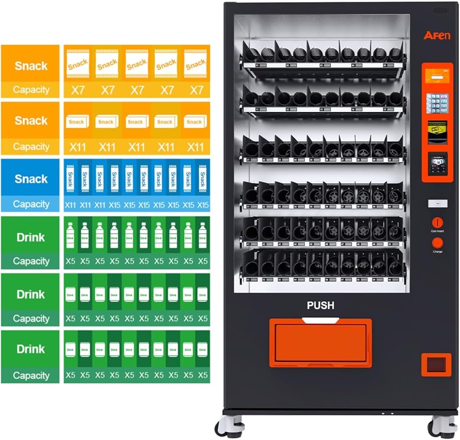 Afen Commercial Vending Machine with Bill & Coin Acceptor and Card Reader, 60 Slot Refrigerated Beverage Snack Combo Vending machine for Business, Durable Cashless Drink Vending in Bulk
