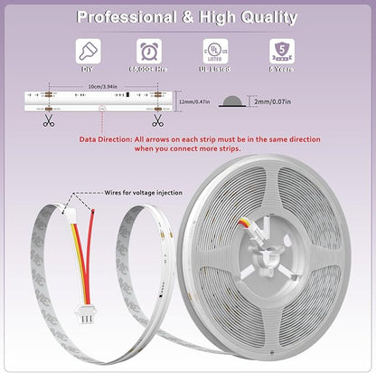 RGB Smart IC COB LED Strip Light,32.8ft Color Chasing Flexible DC24V LED Tape Light,WS2811 Addressable RGB Ribbon,for Party/Home/Office DIY Lighting Projects(Power Supply&Controller NOT Included)