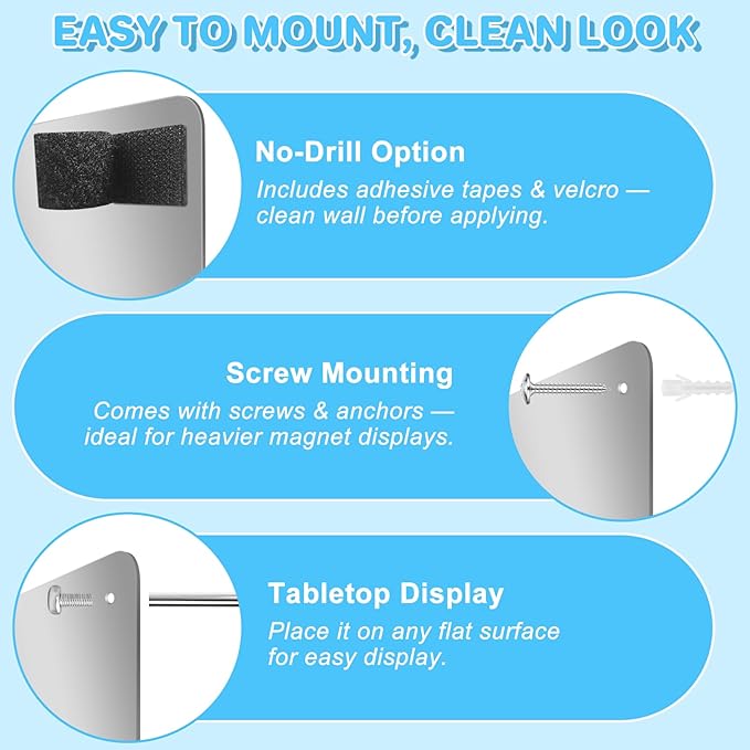 ARVOK 2 Pack Silver Magnetic Board 17.1" x 11.8", Metal Magnet Bulletin Board for Wall, Refrigerator, Cabinet, Display Notes, Photos, Poetry, Includes 8 Screws & 8 Dual Lock Tapes, 4 Support Screws
