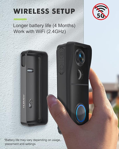 MUBVIEW Doorbell Camera Wireless with Chime, Video Doorbell - No Subscription, Voice Changer, Motion Zones Customization, 1080HD, PIR Human Detection, 2.4Ghz WiFi, Battery-Powered Smart Doorbell