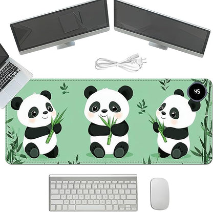 Heated Mouse Pad with 3 Temperature Settings(104°F–122°F),Large 31.5x13 Inch PU Leather Heated Desk Mat,Waterproof Warming Pad for Office,Gaming & Cold Hands Relief,Cute Three Pandas