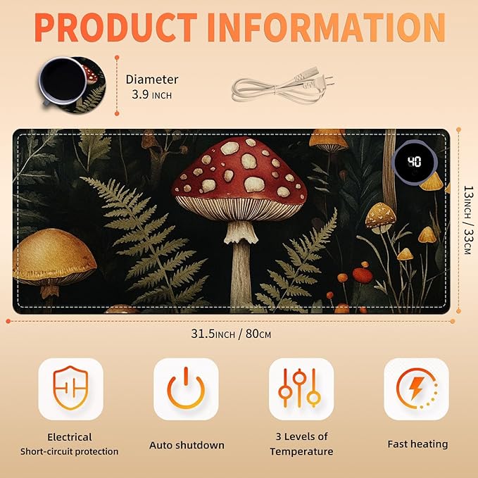 Heated Mouse Pad 31.5x13 in 3-Temp Fast Heating Desk Mat with Auto Timer Warmer for Hands Wrist Pain Relief Waterproof Keyboard Mat for Office, Gaming, Home, Mushroom Forest