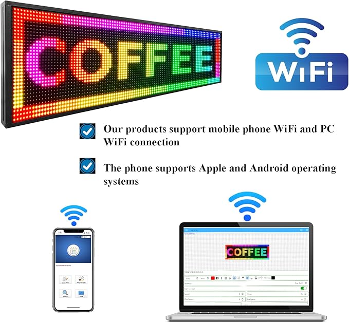 P10 Outdoor RGB Full Color WiFi Programmable Bright LED Scrolling Message Display Board 65”x14” Led Sign, Led Digital Sign Board, Perfect Solution for Store Advertising