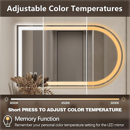 Niccy Arched LED Bathroom Mirror, 40x24 Arch Wall Mounted Frameless Bathroom Mirror for Vanity, Smart Lighted Frontlit Mirrors with Memory Function for Bathroom Bedroom Beauty Hair Salon